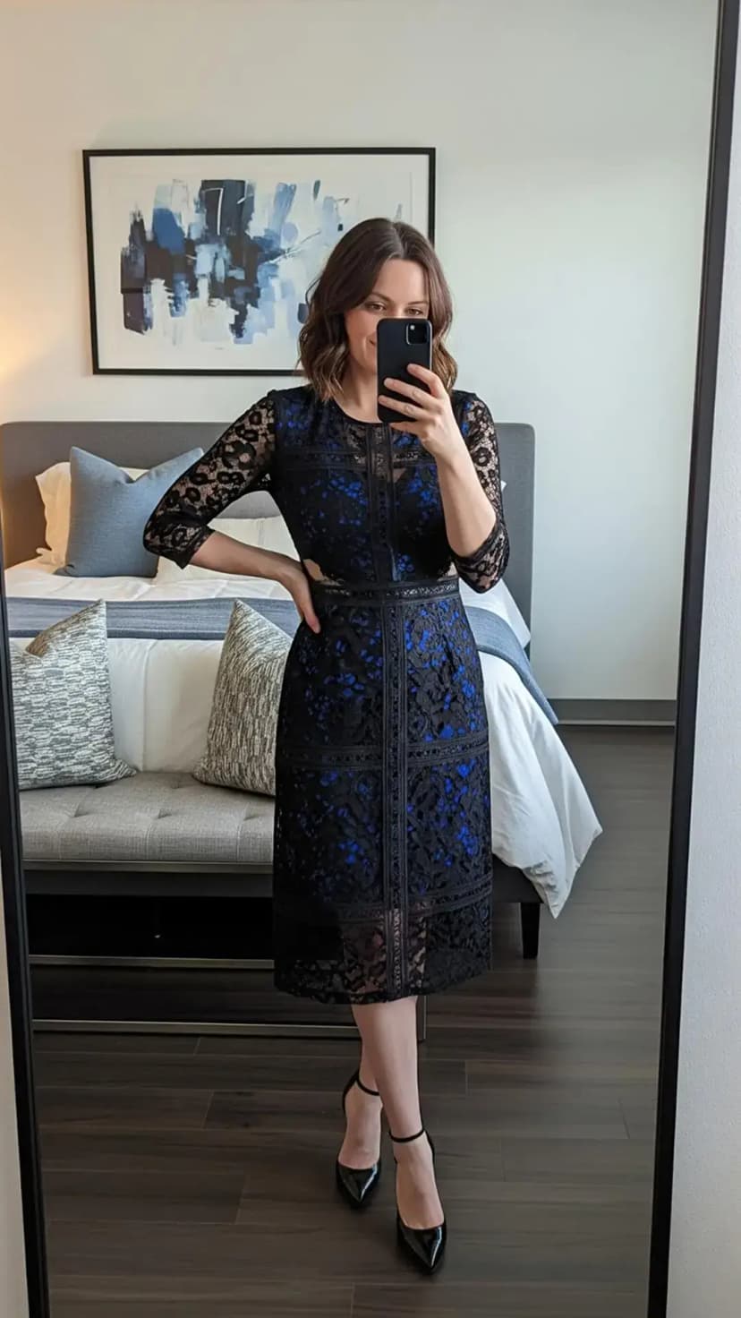 Navy and black lace midi dress + black ankle-strap heels