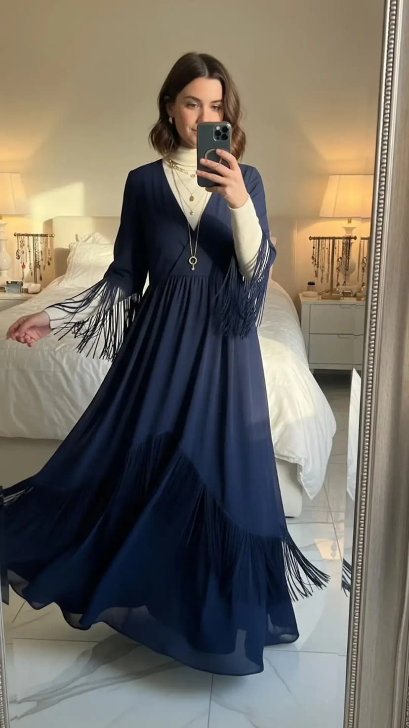 Navy fringe maxi dress + cream turtleneck layering top + gold layered necklaces
