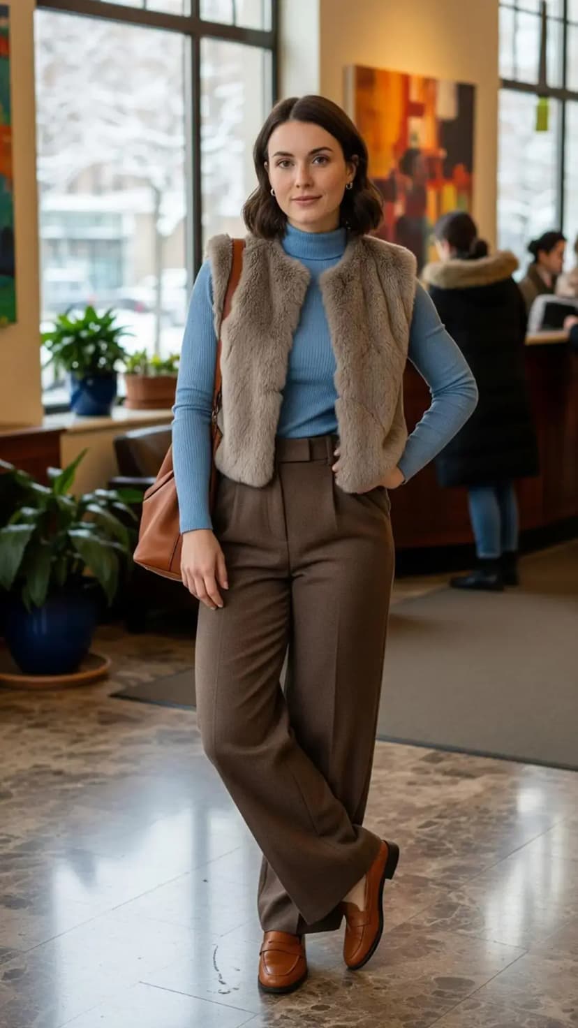 Taupe Faux Fur Vest + Light Blue Turtleneck + Brown High-Waisted Trousers + Brown Loafers