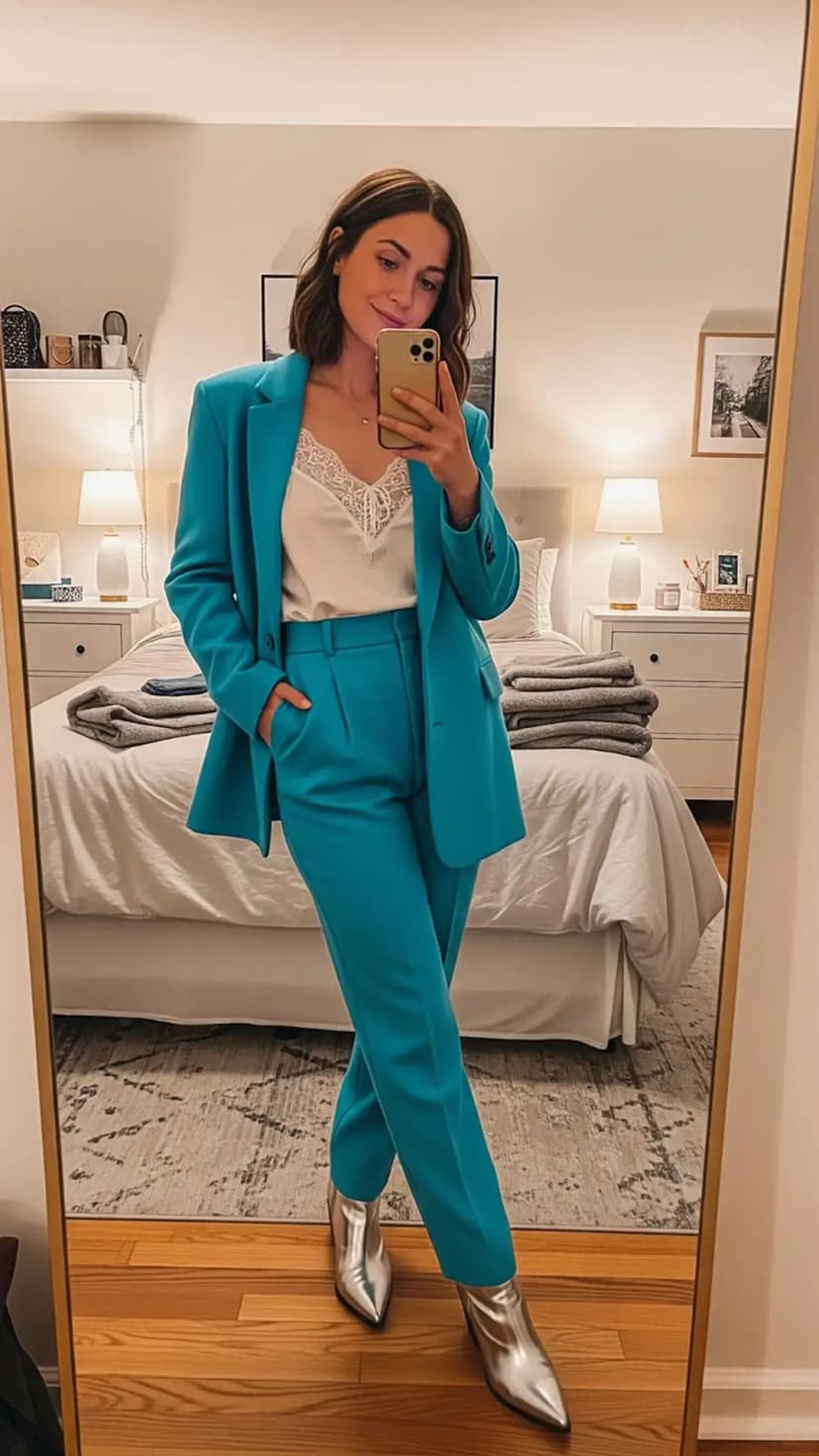 Teal Blue Suit + White Lace Cami + Silver Ankle Boots