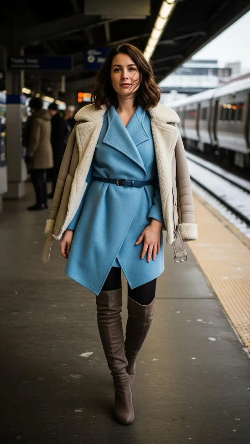 Blue Wrap Coat + White Shearling Jacket + Skinny Black Tights + Taupe Over-the-Knee Boots