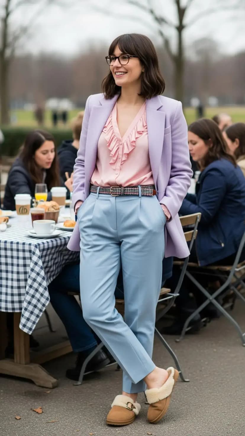 Lilac Blazer + Powder Pink Ruffle Blouse + Light Blue Trousers + Checked Belt + Tan Furry Mules