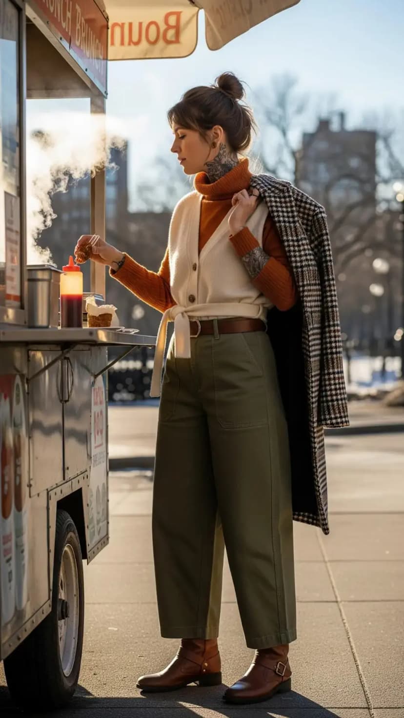 Plaid Coat + Ivory Knit Vest + Rust Turtleneck + Olive Wide-Leg Pants + Brown Boots
