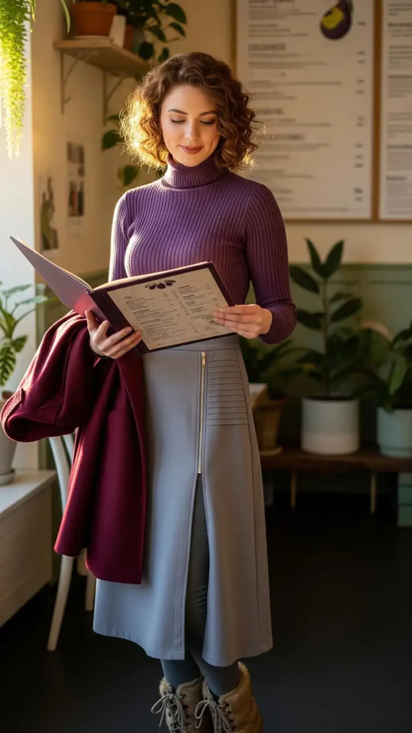 Eggplant Turtleneck + Grey Midi Skirt + Burgundy Coat + Furry Lace-Up Boots