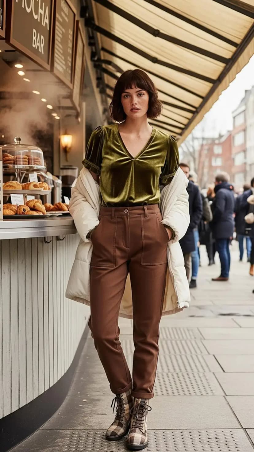 White Puffer Jacket + Olive Velvet Top + Brown High-Waist Pants + Plaid Lace-Up Boots