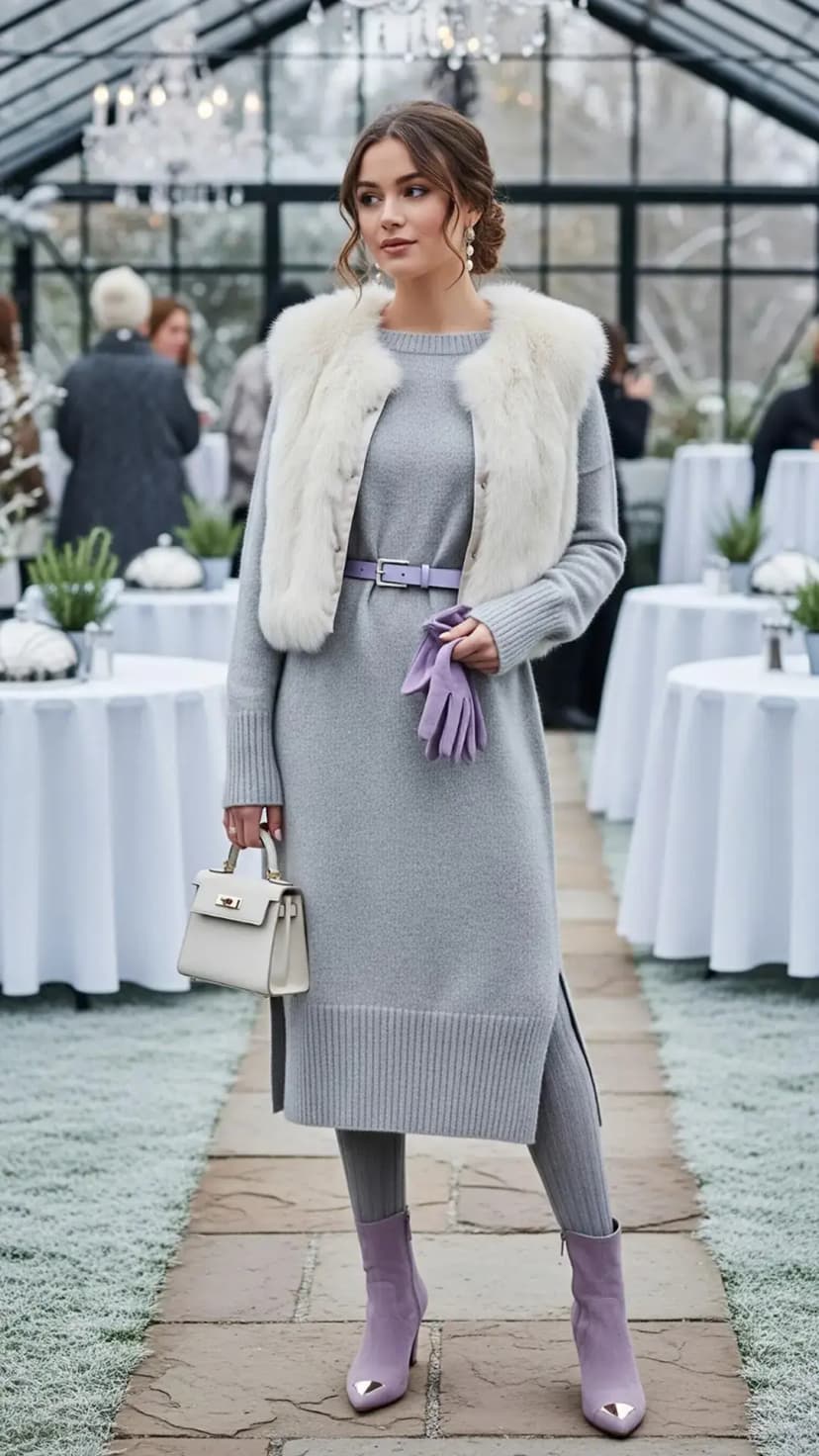 White Faux Fur Vest + Lavender Knit Dress Set + Lilac Belt + Lavender Boots + Ivory Mini Bag