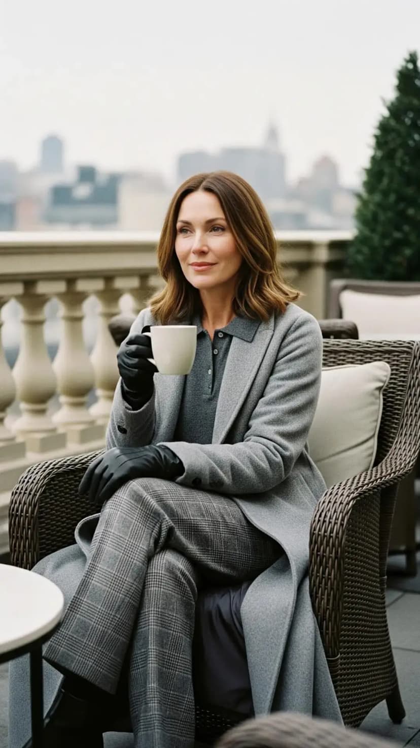 Grey Coat + Grey Polo Sweater + Checked Trousers + Black Gloves