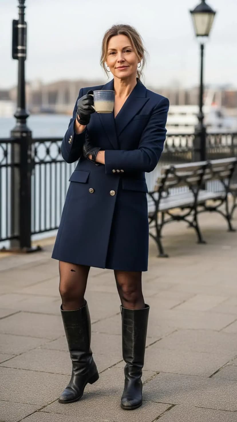 Navy Blazer Dress + Sheer Tights + Black Gloves + Black Boots