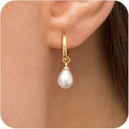 Gold Pearl Dangle Earrings for Women, 14K Gold Plated Small Pearl Drop Huggie Hoop Earrings, Hypoallergenic Dainty Gold Earrings Wedding Jewelry Gifts for Women Trendy