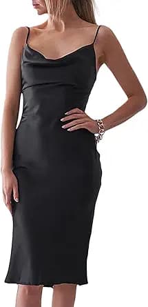 xxxiticat Women\'s Sleeveless Spaghetti Strap Satin Dress Cocktail Beach Evening Party Cowl Neck Dot Leopard Midi Dresses