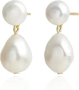 Handmade Freshwater Cultured White Baroque Pearl Dangling Drop Earrings for Women, 14K Gold Plated