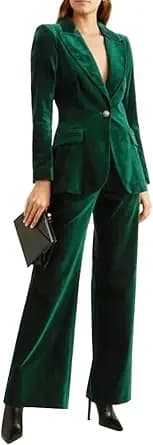 Women’s Formal 2 Piece Outfit Velvet Prom Suit Set One Button Business Office Lady Blazer Pants