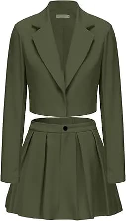 EXLURA Women\'s Long Sleeve Blazer Suit Sets with Pleated Mini Skirt Fall 2 Piece Outfits Trendy Y2K Fashion Clothes