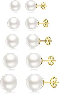 JINERA 5 Pairs Stud Earrings for Women 14K Plated Gold/Silver Pearl Ball Small Stud Earrings Set Cartilage Piercing Hypoallergenic Lightweight Flatback Earrings Jewelry Gifts for Women