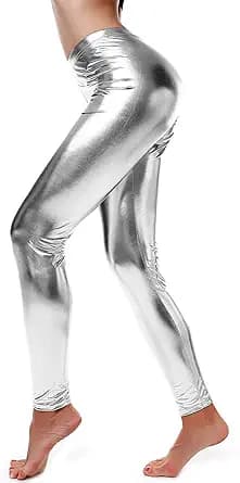 Loxdonz Women Wet Look Shiny Metallic Leggings Liquid Waist Stretch Pants