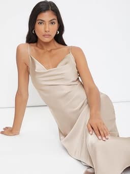 Spaghetti Cowl Neck Satin Midi Dress