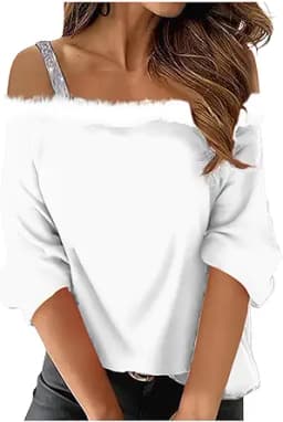 JOAU Womens Christmas Cold Shoulder Top Oversized Loose Casual Long Sleeve Faux Fur Trim Neck Shirt Xmas Holiday Tunic Blouse