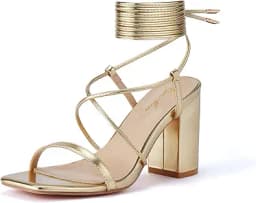GENSHUO Square Toe Sandals Women Lace up Chunky High Heels Strappy Sandals Block Heeled Ankle Wrap Homecoming Wedding Dress Shoes Gold Size 9.5