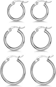 3 Pairs 925 Sterling Silver Hoop Earrings | Small White Gold Plated Hoop Earrings for Women (13mm,15mm,20mm，25mm,30mm,40mm,50mm,60mm)