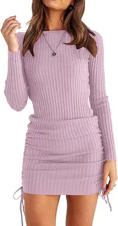 OWIN Women\'s Long Sleeve Ribbed Knit Casual Bodycon Mini Dress Ruched Drawstring Fall Pullover Sweater Dresses
