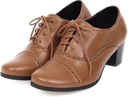 SHEMEE Women\'s Chunky Lace Up Vintage Oxfords Dress Pumps Round Toe Block Mid Heels Retro Brogues Shoes