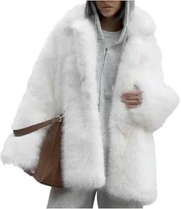 COZYPOIN Womens Faux Fur Coats Warm Mid Long Furry Jackets Long Sleeve Lapel Winter Fluffy Outerwear Shaggy Parka Coat