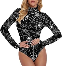 Turtle Neck Long Sleeve Bodysuit Halloween Spider Web Tops