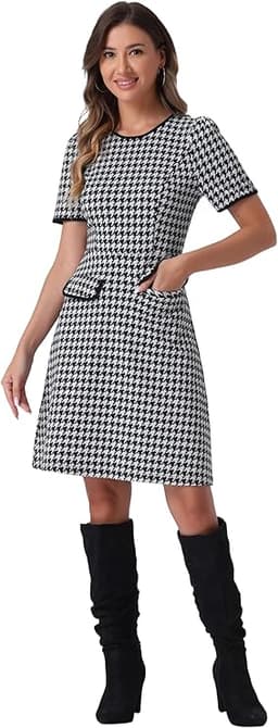 Elegant Plaid A-Line Dress (Black)