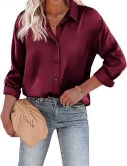 Chigant Women\'s Blouse Satin Silk Shirts Button Down Shirts Casual Loose Long Sleeve Office Work Tunic Tops