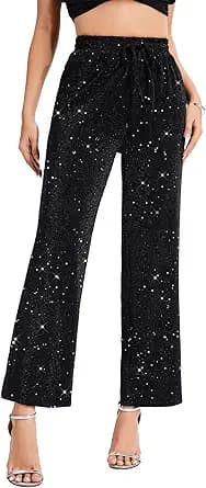PEIQI Women High Elastic Waist Wide Leg Palazzo Pants Bling Glitter Casual Loose Long Sparkle Pant Trouser