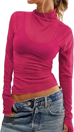 Womens Mesh Sheer Lace Laying Top Mock Neck Long Sleeve Polka Dot See Through Shirt Blouses Tops