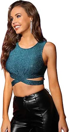 Allegra K Glitter Crop Top for Women\'s Halloween Sparkly Party Cutout Sleeveless Slim Fit Tops