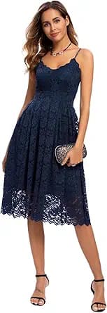 Atnlewhi Womens Spaghetti Strap V Neck Sleeveless A Line Lace Dresses for Evening Cocktail Formal Wedding Guest