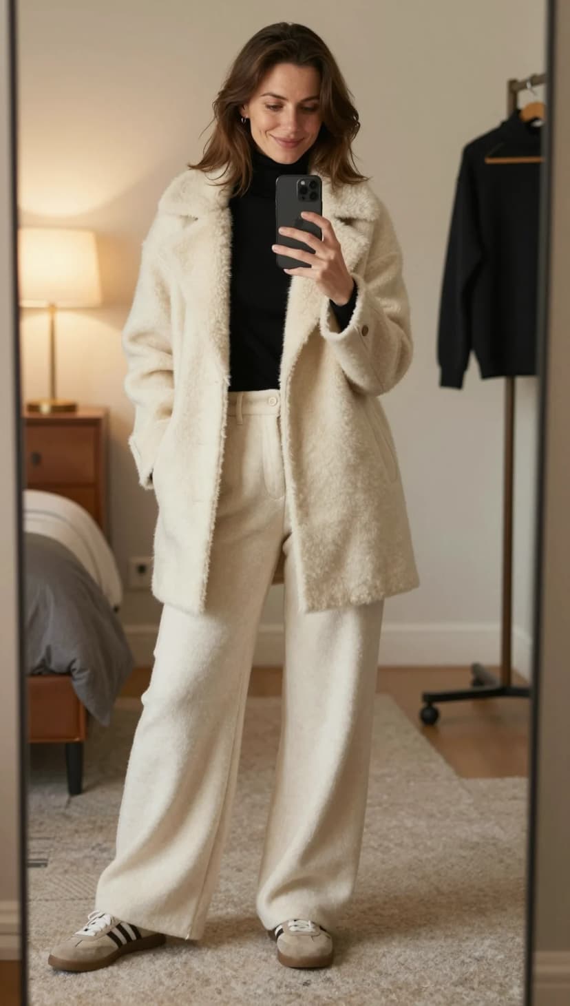 Cream Bouclé Coat + Black Mock Neck Top + Cream Wool Trousers + Beige Sneakers
