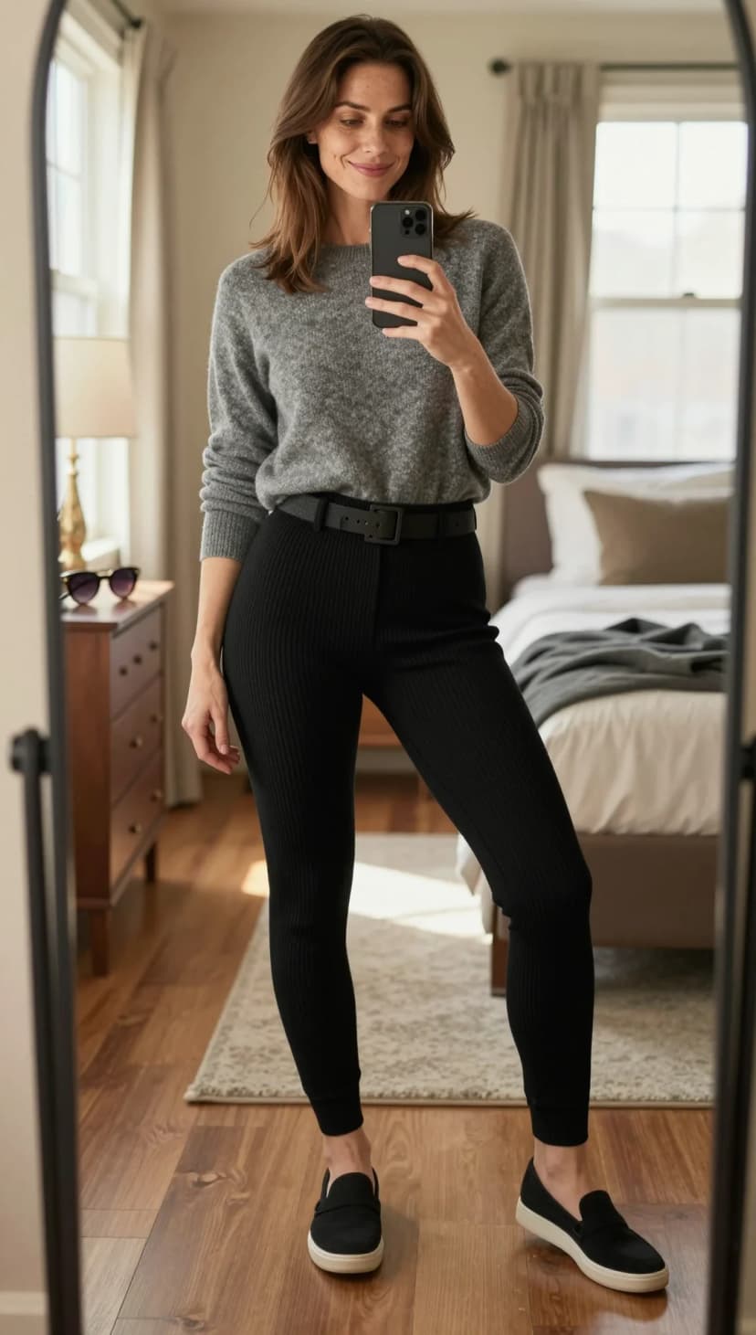 Grey Knit Sweater + Black Ribbed Pants + Black Loafers