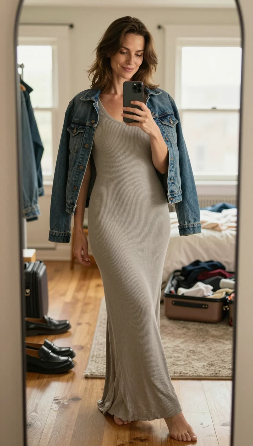 Grey Ribbed Knit Maxi Dress + Blue Denim Jacket