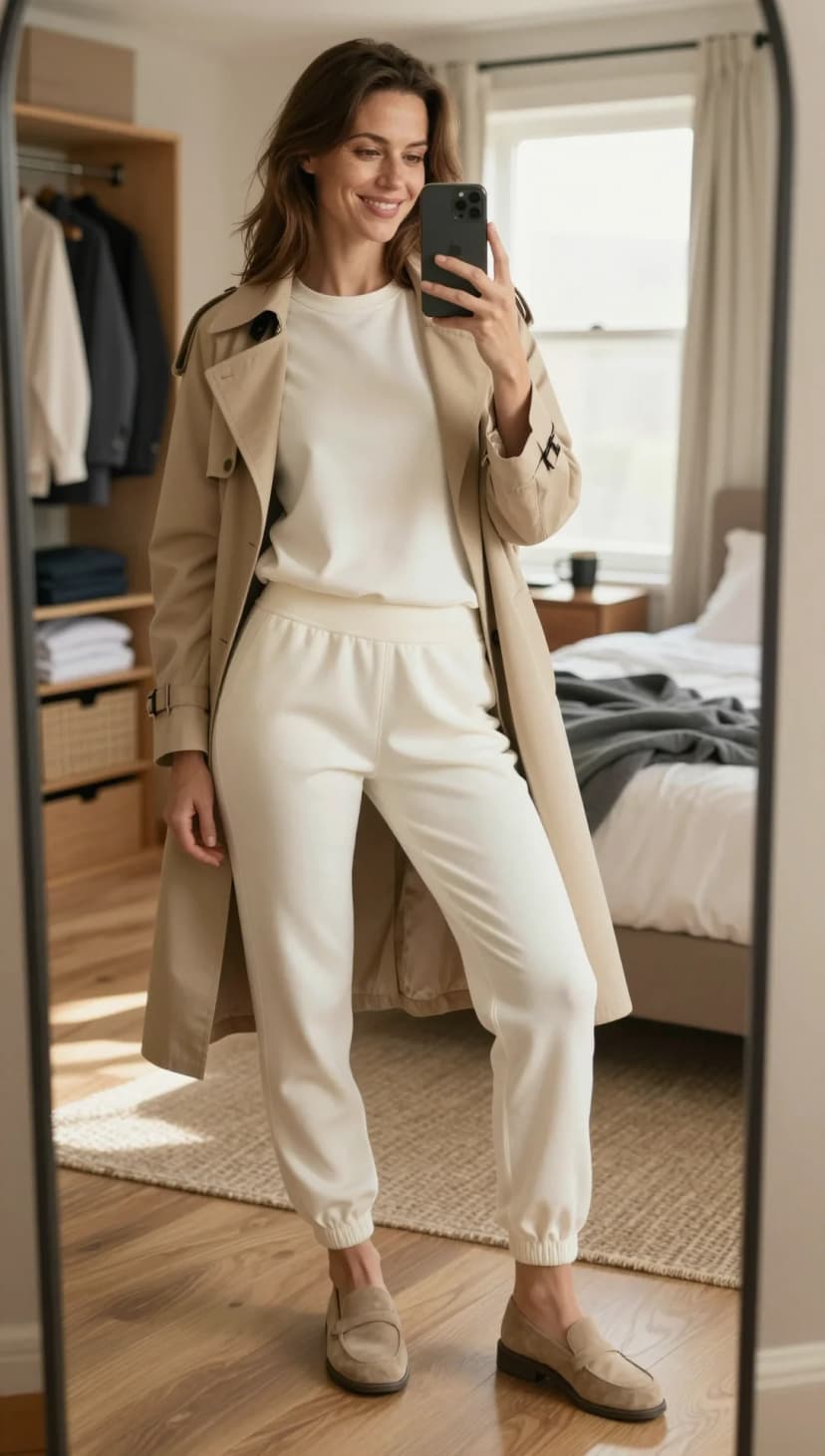 Cream Knit T-Shirt + Cream Joggers + Beige Trench Coat + Taupe Loafers