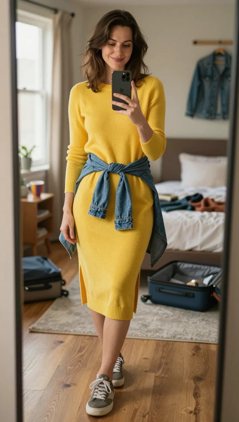 Yellow Knit Midi Dress + Blue Denim Jacket + Grey Sneakers