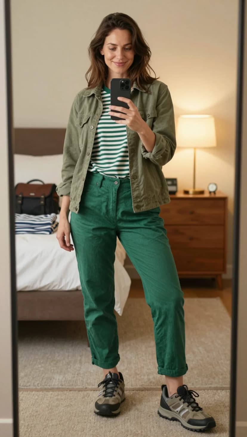 Green Cotton Twill Jacket + Green Striped Cotton T-shirt + Emerald Green Cotton Trousers + Grey and Beige Hiking Boots