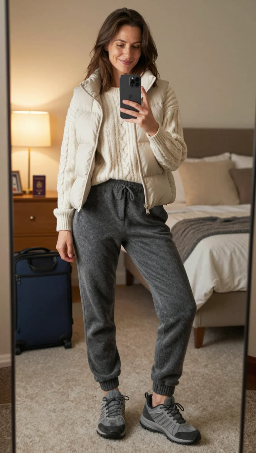 Cream Cable Knit Sweater + Grey Fleece Joggers + Cream Puffer Vest + Grey Sneakers