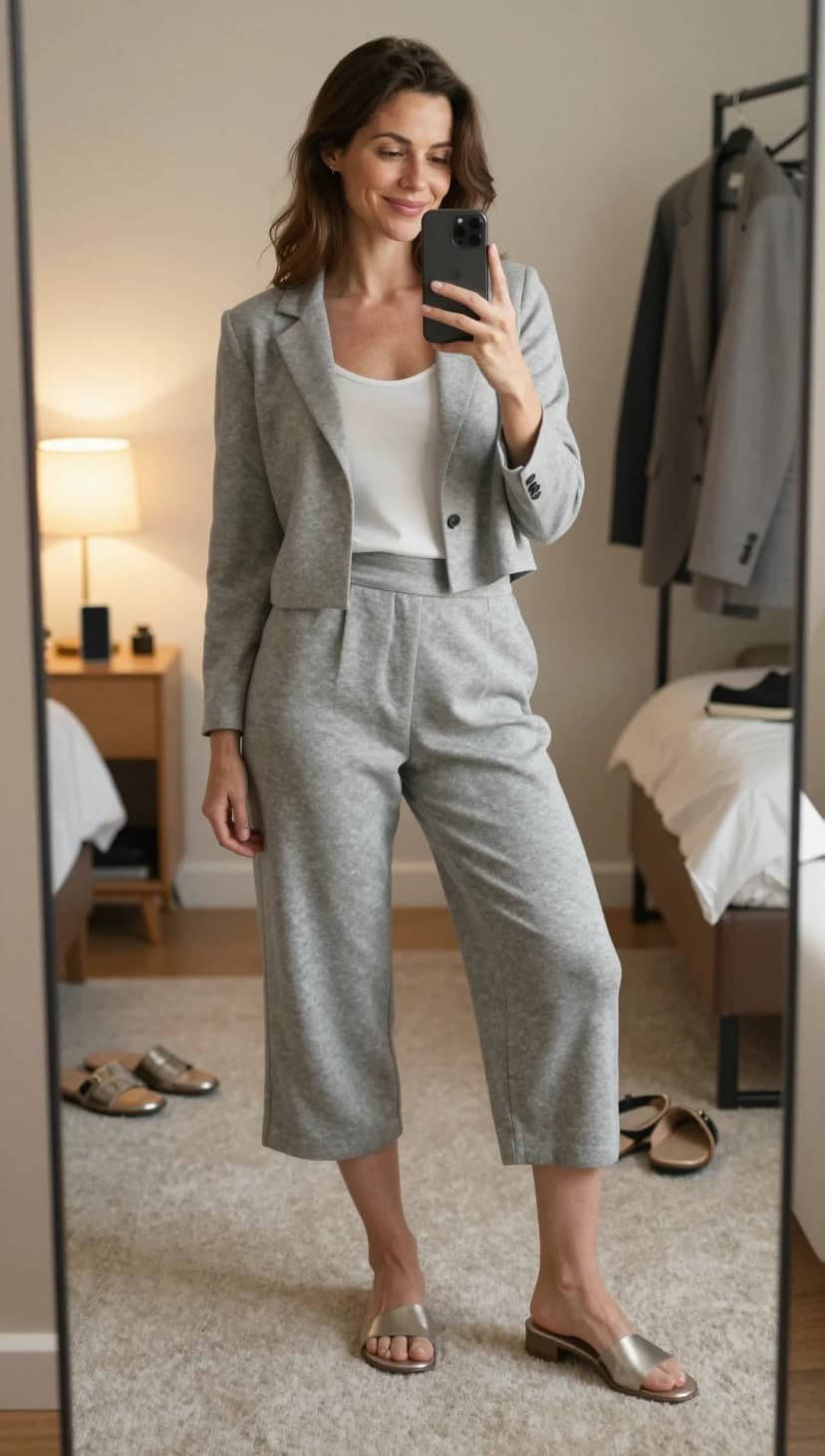 Grey Knit Cropped Blazer + White Tank Top + Grey Wide-Leg Cropped Trousers + Gold Slide Sandals
