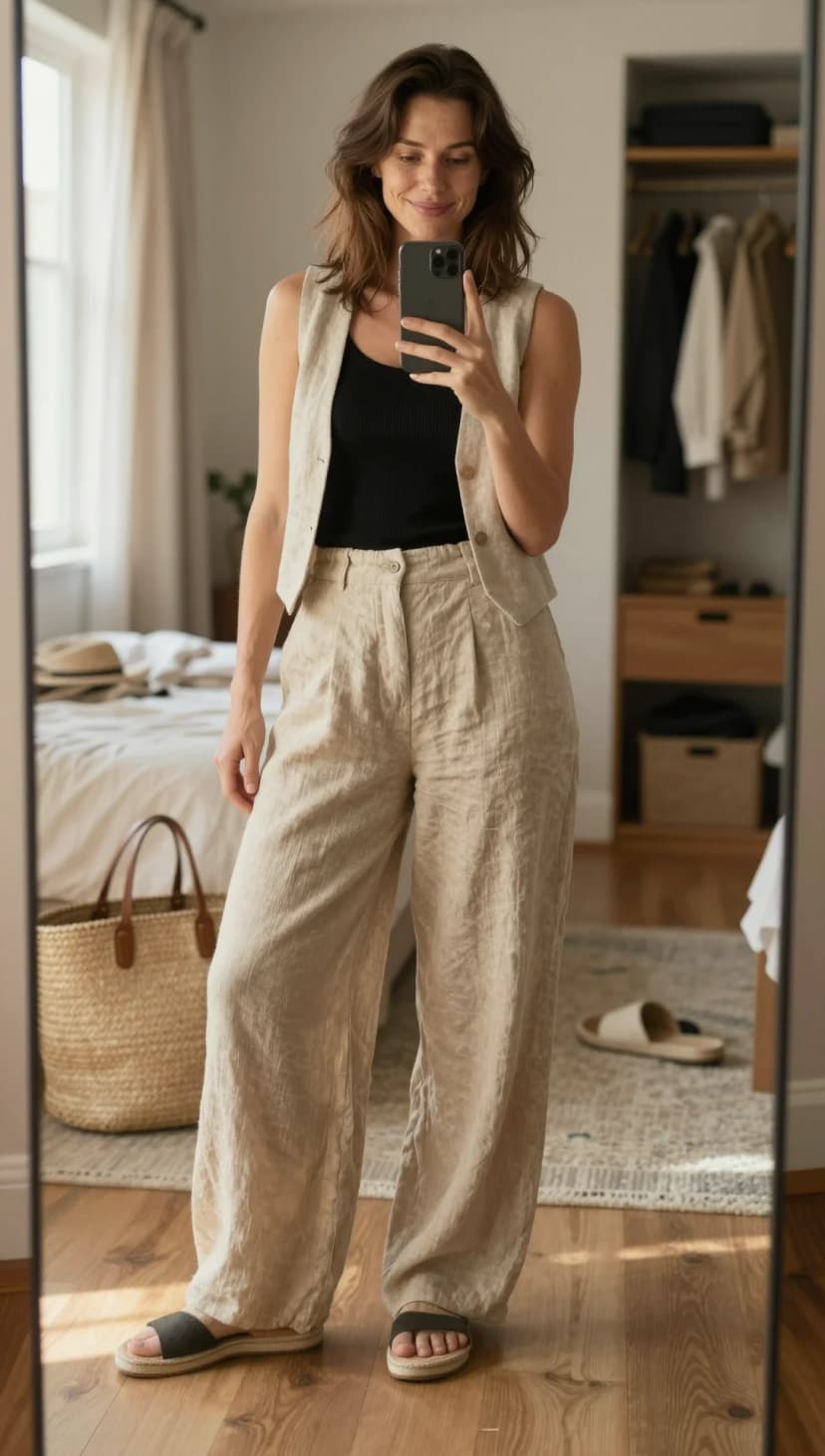 Black Ribbed Tank Top + Beige Linen Vest + Beige Linen Wide-Leg Trousers + Dark Grey Espadrille Slides