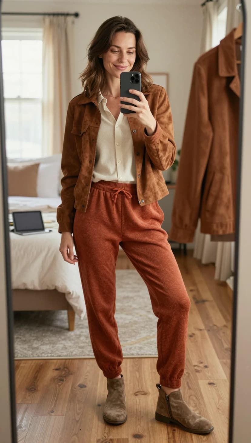 Brown Suede Jacket + Cream Knit Top + Rust Knit Joggers + Taupe Suede Boots