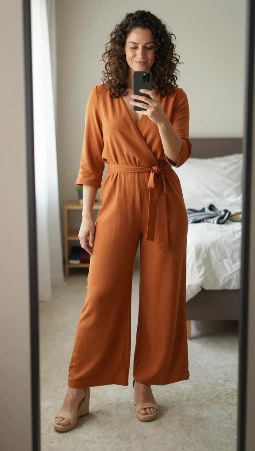 Terracotta Linen Wrap Jumpsuit + Natural Woven Wedge Sandals