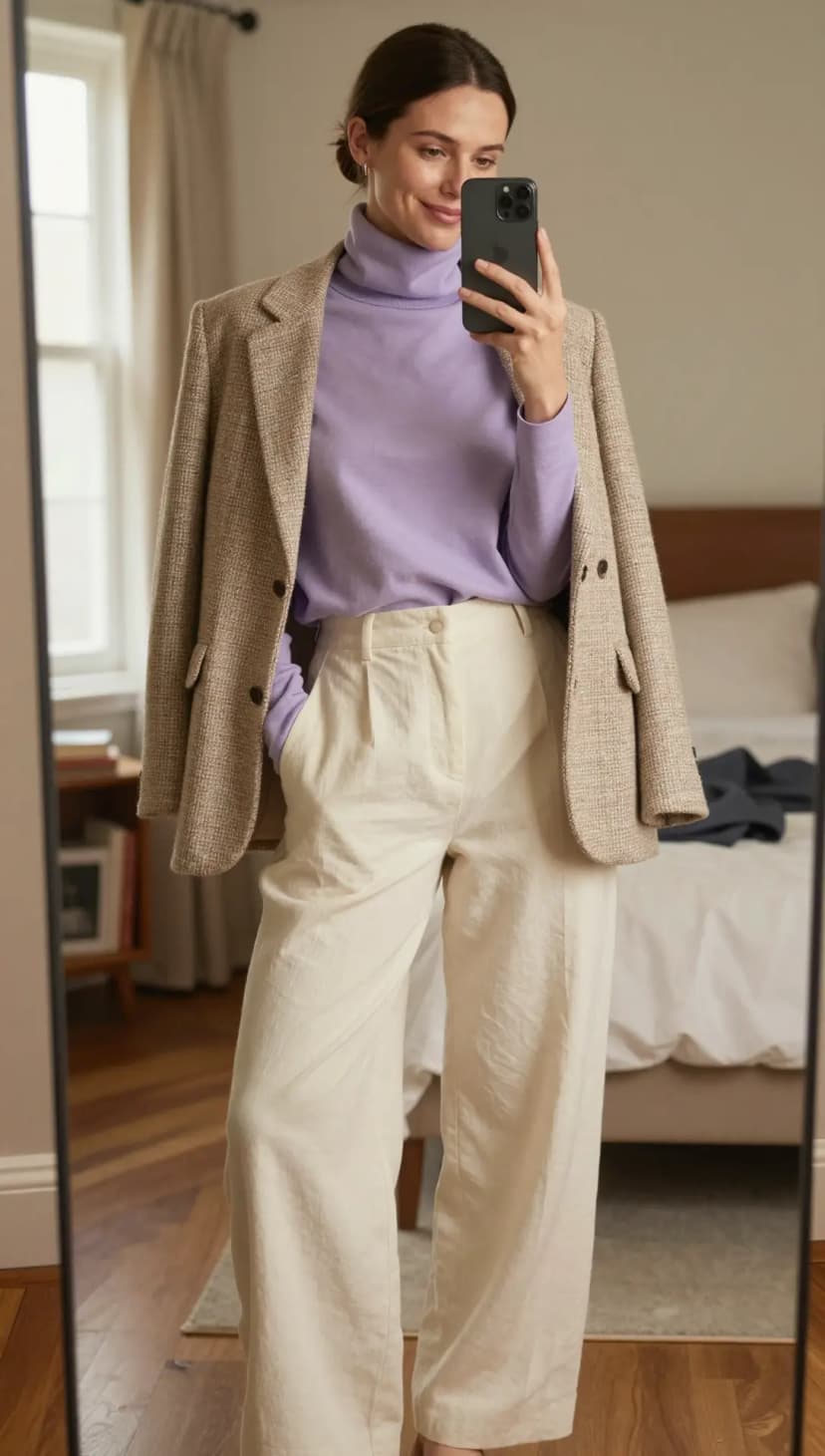 Lilac Cotton Turtleneck + Beige Tweed Blazer + Cream Linen Wide-Leg Trousers