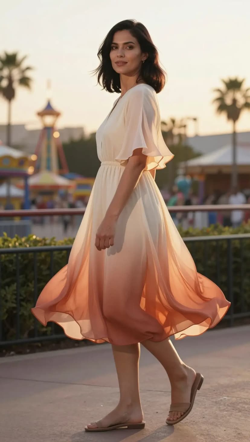 Cream Ombre Chiffon Midi Dress + Taupe Flat Sandals