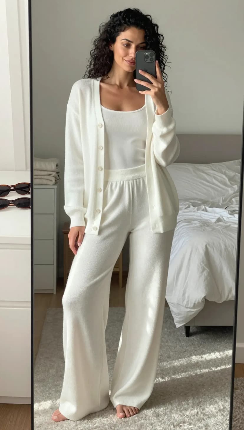 Cream Knit Tank + Cream Knit Cardigan + Cream Knit Wide-Leg Pants