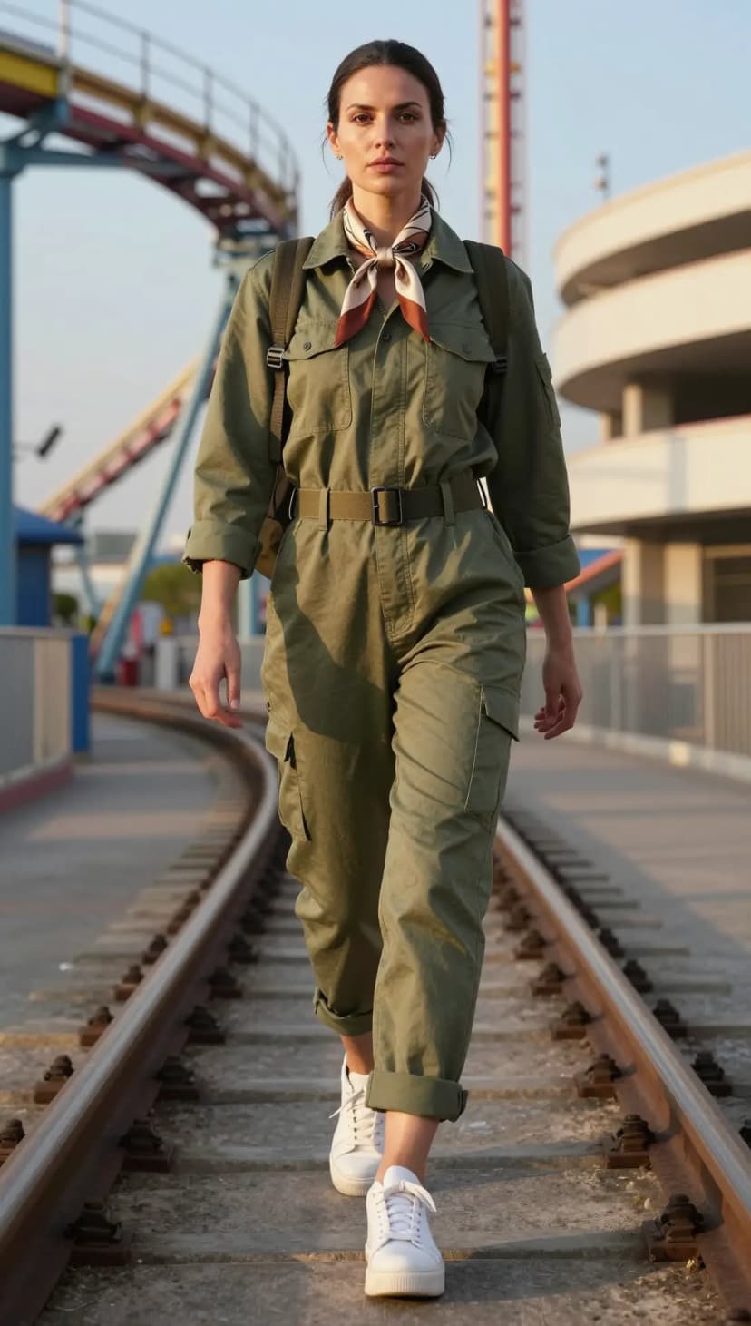 Olive Green Cotton Utility Jumpsuit + White Leather Sneakers + Khaki Canvas Backpack