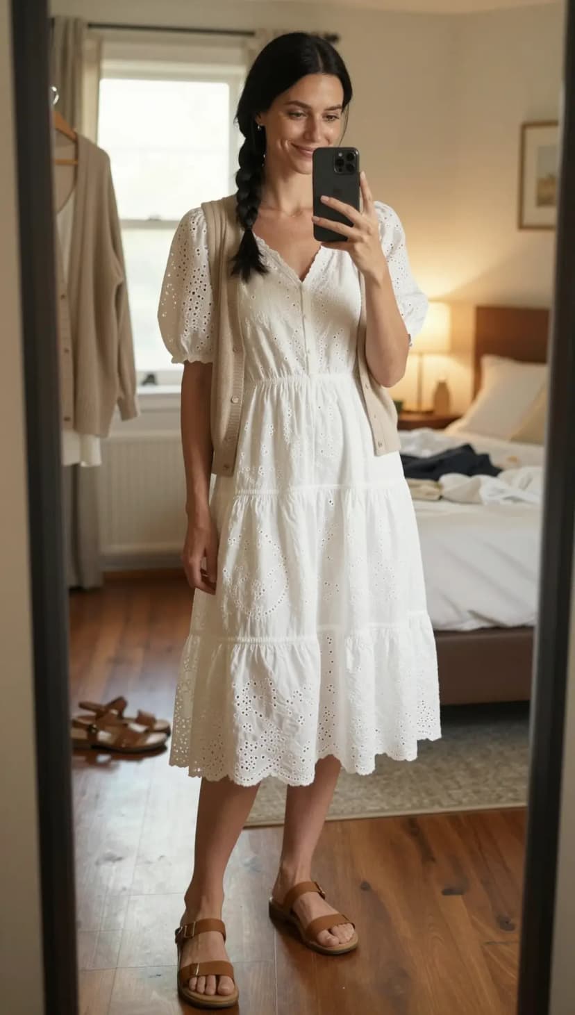 White Broderie Anglaise Midi Dress + Beige Knit Cardigan + Tan Leather Flat Sandals