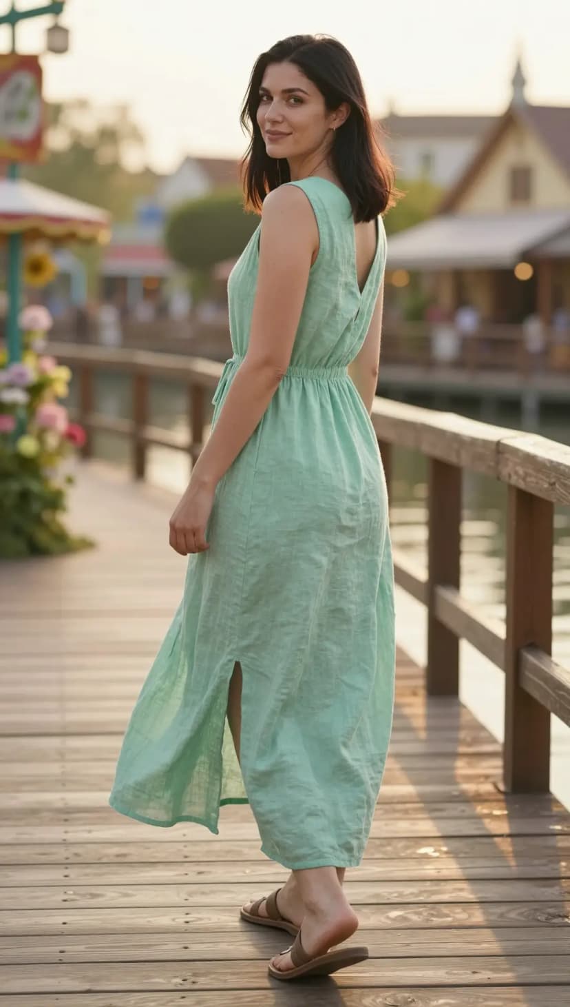 Mint Linen Maxi Dress + Brown Leather Slides